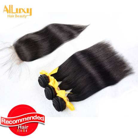 Luxy hair,Lace Closure With Bundles, Peruvian Virgin Straight Hair, 1 PCS Lace Closure with 3Pcs Hair Bundle,4pcs/lot