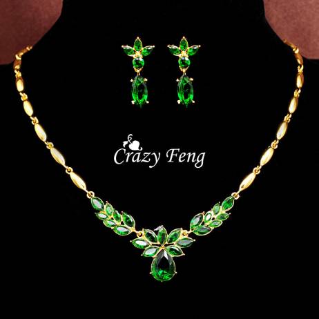 Women's Fashion 18k Yellow Gold Plated CZ Diamond 3 colors Necklace+Earrings Flower Wedding Jewelry Sets Free shipping
