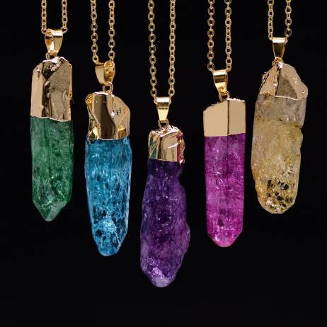 6 Colors Women's Natural Stone Pendant Amethyst Pink Quartz Crystal Necklaces Gold Plated Fluorite Erose Statement Necklace