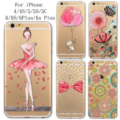 Phone Case Cover For iPhone 4 4s 5 5s 5c 6 6s 6Plus 6s Plus Ultra Soft Silicon Transparent Pink Cat Ballet Girl Flowers Bowknot
