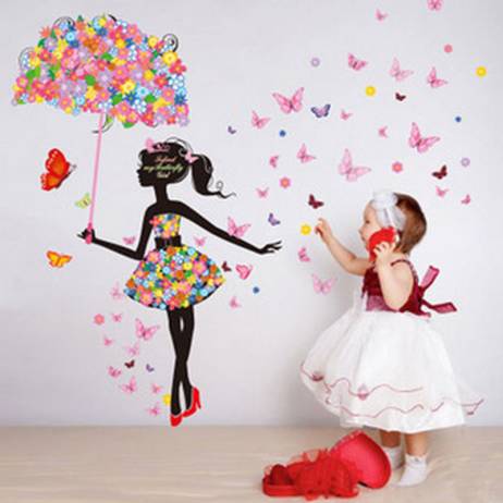 Beautiful Girl Butterfly Flowers Art Wall Stickers For Home Decor DIY Personality Mural Child Rooms Wall Decoration Wallpaper