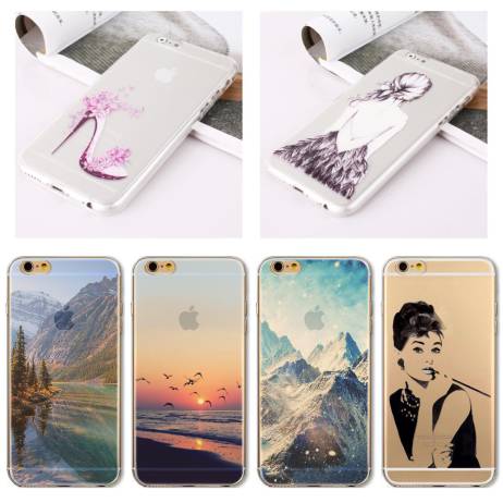 Phone Case Cover For iPhone 4 4s 5 5s 6 6s Plus 6plus Soft TPU Silicon Transparent Scenery Girls Painted Patterns Case Cover Mix