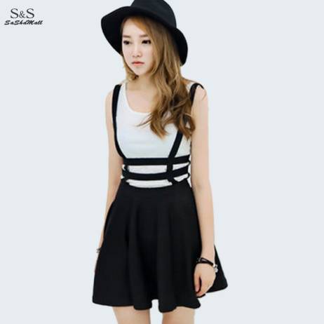 Preppy Style Suspender Skirts Women Girl Ruffles Skater Pleated Short Braces Skirt Back Zipper Hollow Out Skirt B2# 41