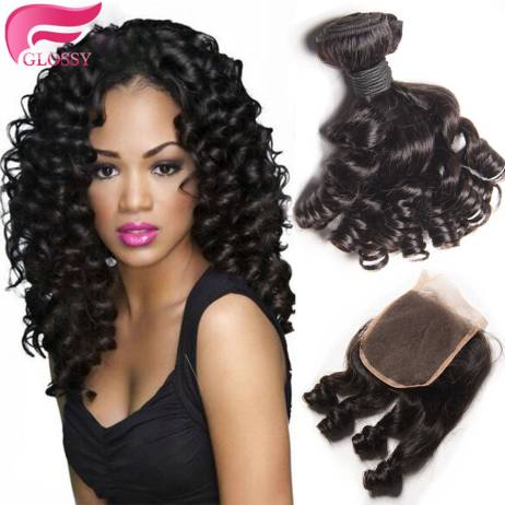 7A Aunty Funmi Hair With Closure 3 Hair Bundles With Lace Closures Brazilian Virgin Hair Bouncy Curly Hair Weft With Closure