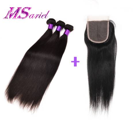 Brazilian Straight Hair with Closure Brazilian Virgin Hair 3 Bundles with Closure Straight 7A Human Hair Weave With Closure