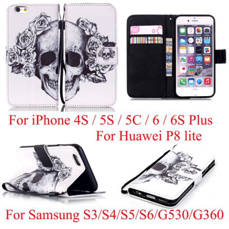 Flower Skull Flip Leather Wallet Cover TPU Case For iPhone 4S 5S 5C 6 6plus / S3 S4 S5 mini S6 edge /G530 G360 / Huawei P8 Lite
