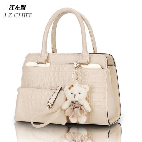 Fashion PU Patent Leather Women Shoulder Bags Elegant Alligator Pattern Women Messenger Bags bolsos 2 bags/set w/ Bear Toy