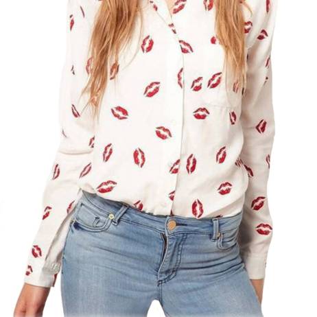 2016 Fashion Stand Collar Red Lip Print White Chiffon Blouse Lady Shirt Long Sleeve Blouse Women Blouse blusa Free Shipping y487
