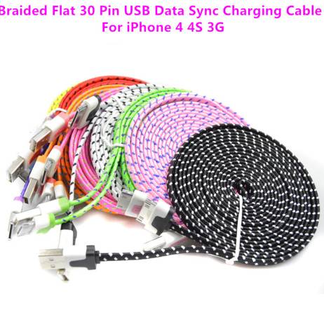 1M/2M/3M High Quality Braided Flat 30 pin USB Data Sync Charging Charger Cable Cord For iPhone 4 4S 3G
