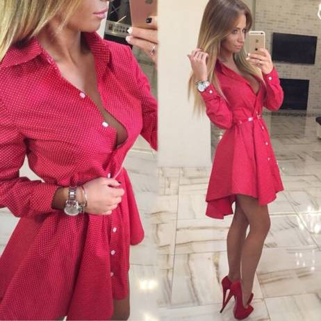 2016 New autumn fashion Women Shirt Dress Small dots Printed Fashion Irregular Long Sleeve Mini Vestidos dresses