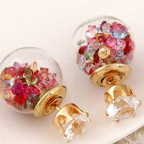 Korea New Fashion 2016 Aros Double Pearl Rhinestone Crystal Earrings 5 Colour for Women Crystal Golden Stud Earrings E1538-E1542