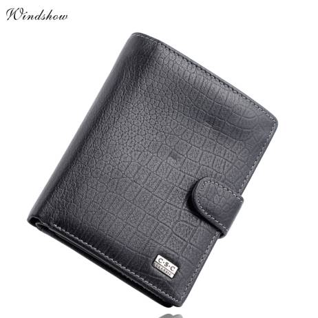 Famous Brand Mens Gentleman Black Large Bifold Genuine Real Leather Wallet Passcark Pocket Credit ID Card Slots Coin Pouch Purse