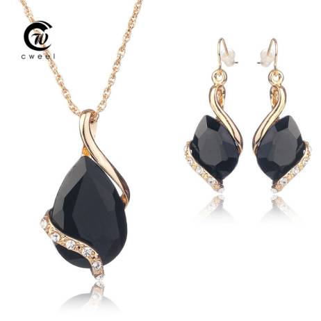 Wedding Bridal Dress Accessories Jewelry Sets For Women Water Drop Crystal Necklace Earrings Set Gold Plated Holiday Party