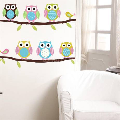 New Cute DIY Removable Colorful Six Owls Bird Branch Vinyl Decal Wall Mural Sticker Poster Vinilos Paredes Home Decor