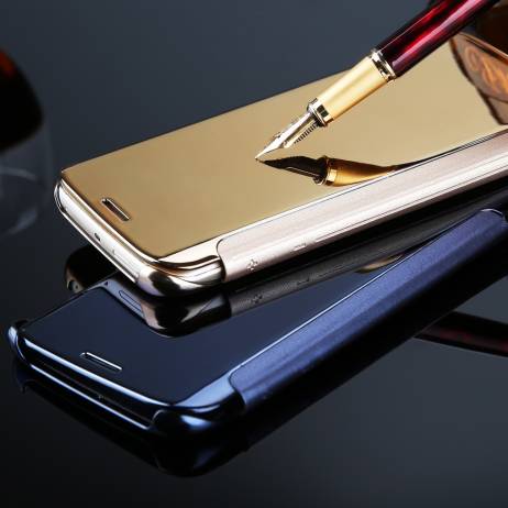 For Samsung Galaxy S7 S7 Edge Phone Cases Smart Flip Slim View Electroplating Mirror Hard Clear Transparent Case Cover+Free Film