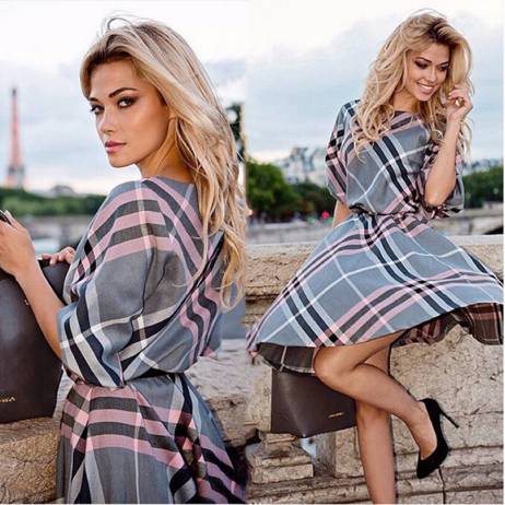 Autumn 2016 new fashion women plaid print dress casual o-neck half sleeve tunic vintage dresses plus size