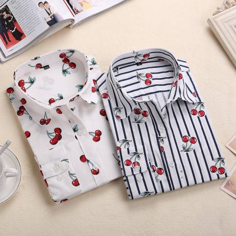 New Floral Long Sleeve Vintage Blouse Cherry Turn Down Collar Shirt Blusas Feminino Ladies Blouses Womens Tops Fashion