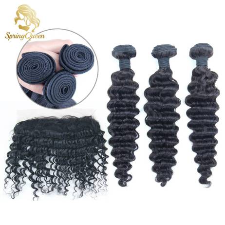 Brazilian Deep Wave Virgin Human Bundles With Lace Frontal Closure 4Pcs Lot Spring Queen Hair Lace Frontal With Bundles