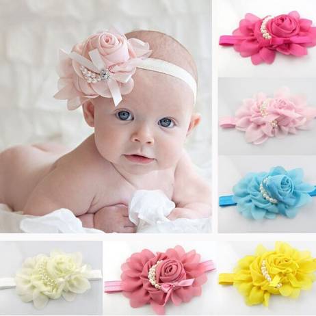 Newborn Cute Baby Pearl Rose Flower Hair Band Chiffon Lace Baby Headband Ribbon Elasticity Hair Accessories Headwear W075
