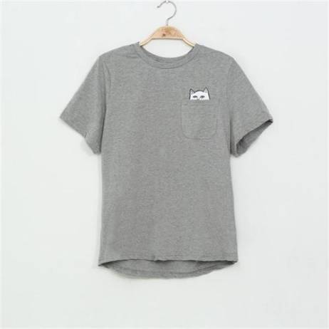 2015 New Summer Hong Kong Fashion Pocket Harajuku cat Lovers Women Top Short-sleeve T shirt Cute Sweet Style Black/White/Grey