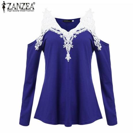 ZANZEA 2016 New Autumn Women Blouses Sexy Off Shoulder Blouse Elegant Lace V Neck Shirt Ladies Long Sleeve Tops Blusas Plus Size