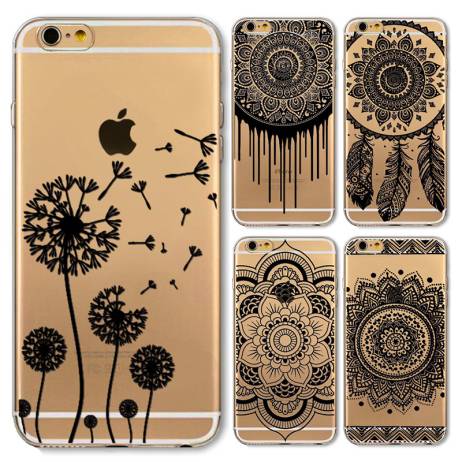 For Apple iPhone 4 4S 5 5S 5C 6 6S 6Plus 6s Plus Case Black Floral Paisley Flower Mandala Patterned TPU Silicon Covers Capa Back