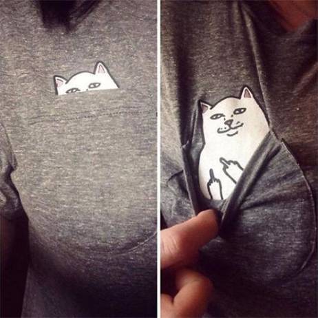 Women T Shirt 2015 Summer Style T-shirt Print Middle Finger Pocket Cat Harajuku O-neck Short Sleeve Cotton Couple Tee Plus Size