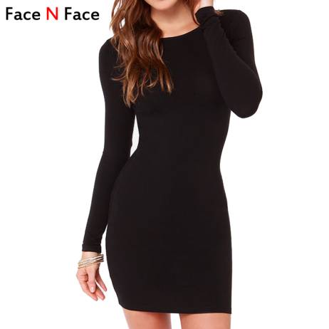 Face N Face Cute Women Fashion Little Black Dress New 2015 Autumn Sexy Casual Vestidos Long Sleeve Bandage Short Dress