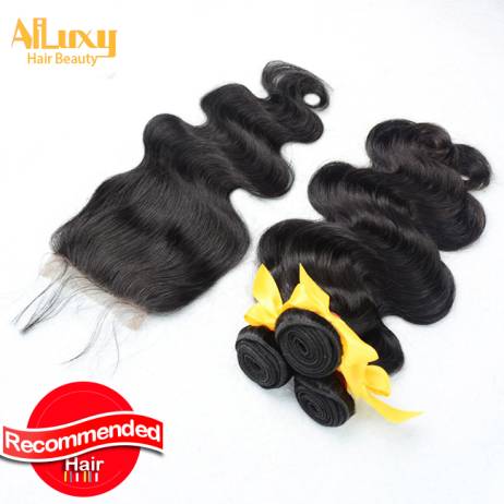 Peruvian Virgin Hair weave With Closure, 1 Piece Lace Closure with 3Pcs Hair Bundle,4pcs/lot,Body Wave ,FAMOUSE BRAND LUXY