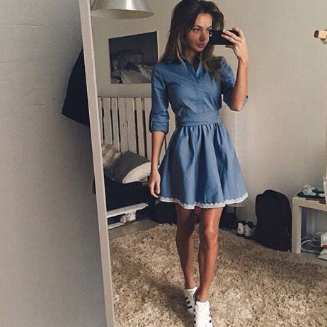 Women Lady Denim Stand Collar Pleated Fashion Slim Fit Vogue Elegant Sweet Casual Sexy A-Line Mini Dress