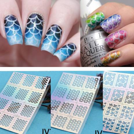 12 Tips/Sheet Fish Scale Nail Vinyls Irregular Triangle Grid Pattern Easy Use Nail Art Tips Manicure Stencil Nail Hollow Sticker