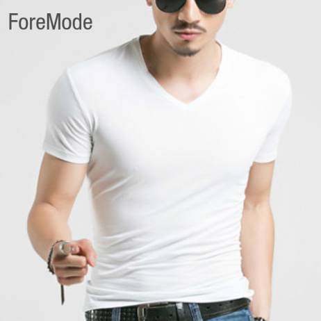 Foremode 2015 summer new men's short sleeved cotton T-shirt male pure black casual fashion slim V collar shirt