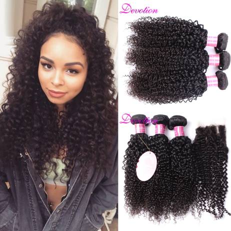 Rosa hair products Brazilian Virgin Hair With Closure 3 Pcs Brazilian Kinky Curly Virgin Hair With Lace Closure beauty forever