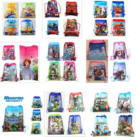 12Pcs Despicable Me Princess Anna Elsa Sofia Cars Cartoon Kids Drawstring Printed Backpack Beach Shopping School Traveling Bags