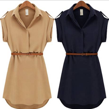With Belt! 2015 Women Summer Dress Shirt V-Neck Short A-Line Solid Plus Size Chiffon Casual Vestidos For Party Beach Office 8463