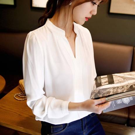 2015 summer womens chiffon blouse ladies White elegant sexy v-neck blouses long sleeve shirt female office shirt plus size
