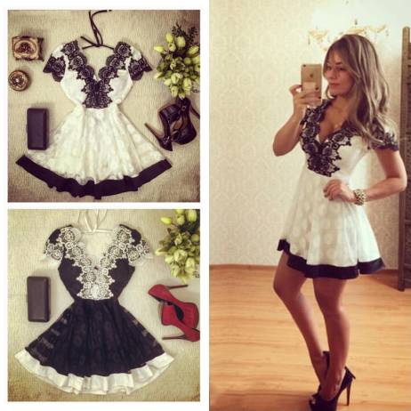 HOT fashion summer women cute dress deep v-neck Lace collar short sleeve sexy dresses backless high waist mini dress