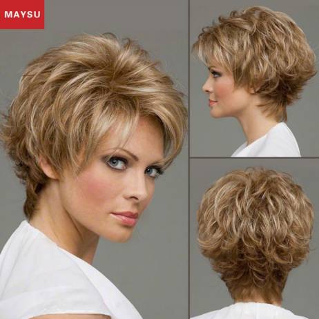 MAYSU Short Fluffy Human Hair Wigs For White Women multi-layered Curly Wigs Monofilament Top Blonde Wig 15 Colors Free Shipping