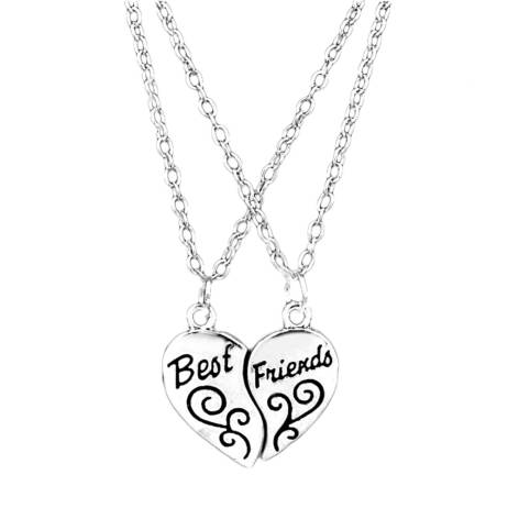 Trendy Charming Jewelry Two Pieces Alloy Heart Shaped Pendent Necklace Carved Best Friends Gift NL-0837