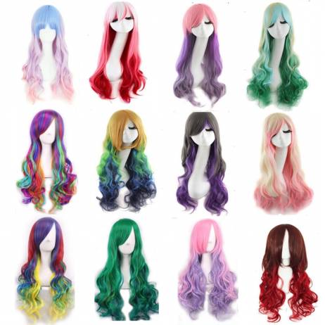 Promotion long wavy ombre color ladies synthetic hair wig,green rainbow color japanese kanekalon fibre anime cosplay wig peruca
