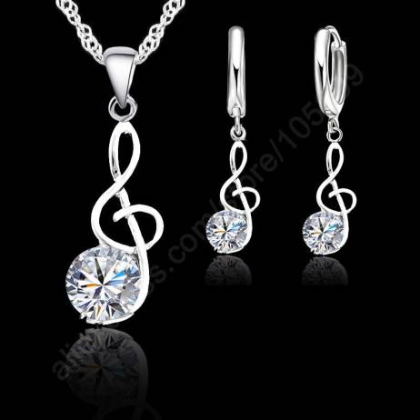 Musical Notes Jewelry Sets Real 925 Sterling Silver Cubic Zirconia Symbols Shape Pendant Necklaces Earrings Sets Gift