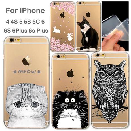 Phone Bags Case Cover for iPhone 4 4S 5 5S 5C 6 6S 6Plus 6s Plus Thin Transparent Soft Cat Owl Eagle Rabbit Printed Phone Cover