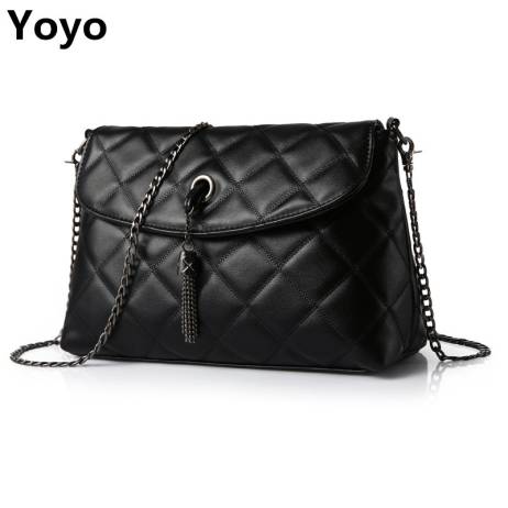 Yoyo!Plaid Small Fringe Embroidery Clutches Women Crossbody Black Bag Quilted Flap Shoulder Bag Women Messenger Chain Tassel Bag