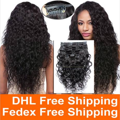 7A Grade 100% Brazilian Virgin Remy Clips In Human Hair Extensions 120g Full Head Natural Black Wet and Wavy Water Wave Clips in
