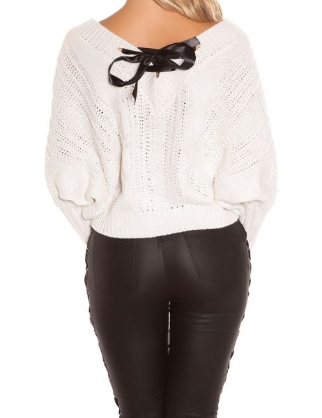  Sexy xl v-hals gebreide sweater-trui met veter cremewit