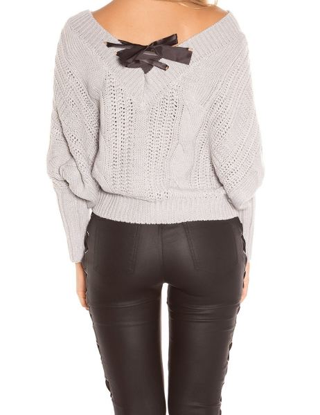 Sexy xl v-hals gebreide sweater-trui met veter grijs