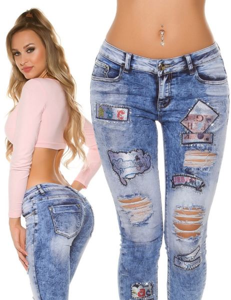  Trendy acid washed jeans gebruikte used look & patches jeansblauw