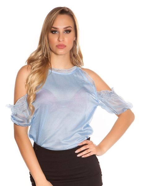 Cosmoda Collection Sexy blote schouder chiffon top babyblauw