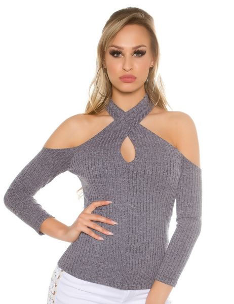 Cosmoda Collection Sexy blote schouder halter geribde pullover grijs