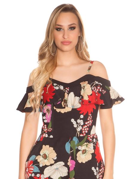 Cosmoda Collection Sexy carrier playsuit met bloemen-print & volant zwart
